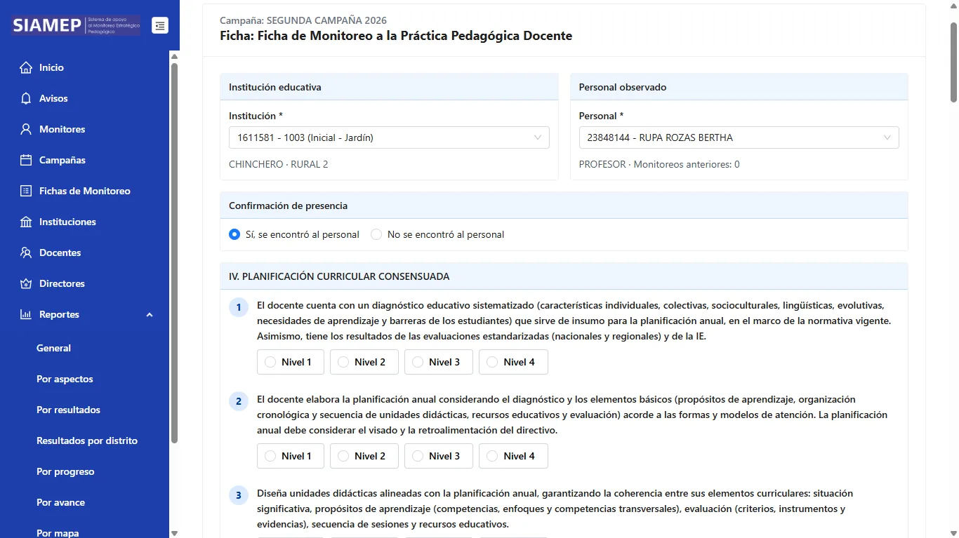 Registro de una ficha de monitoreo